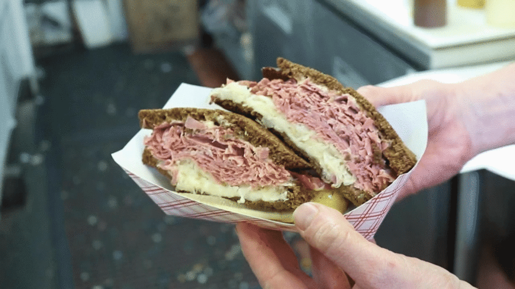 Gif of B&B Grocery, Meat & Deli reuben sandwich.