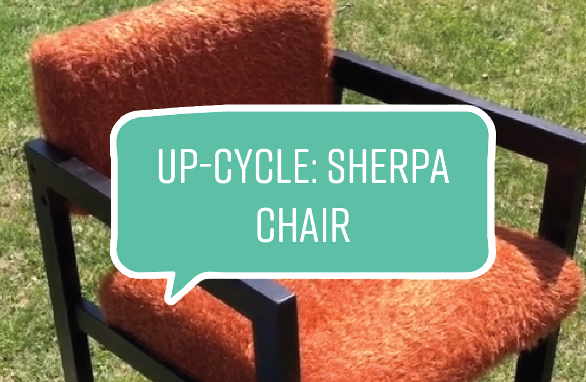 An orange chair with “Up-cycle: Sherpa Chair” text over it