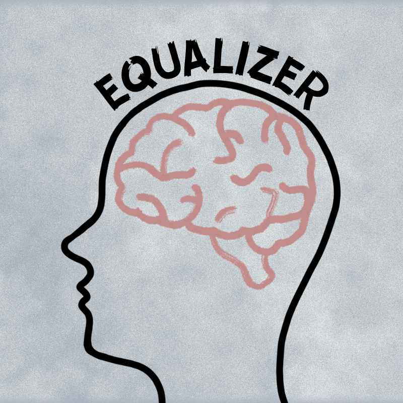 An outline of a head with a brain inside and the word ‘Equalizer’ written above the head.