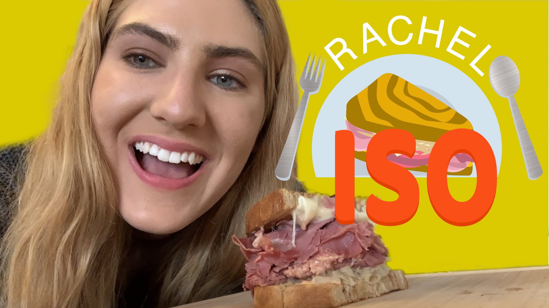 Image of Rachel James holding a reuben sandwich posing beside the Rachel In Search Of Logo