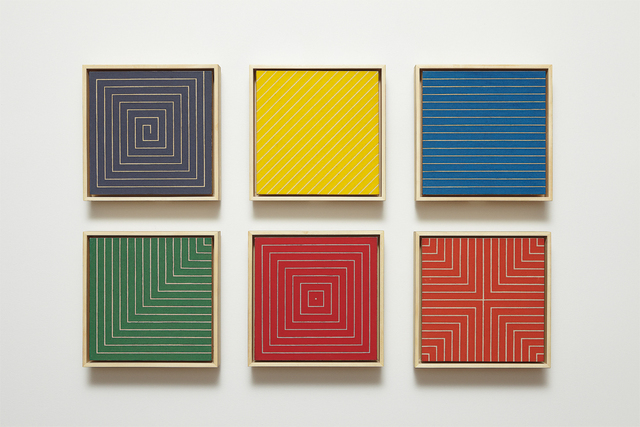 A series of six minimalist paintings by Frank Stella hanging in a gallery.