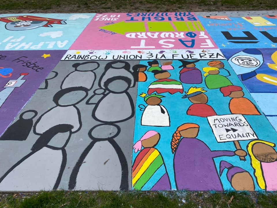 Drake University’s Rainbow Union decorated square on Painted Street.