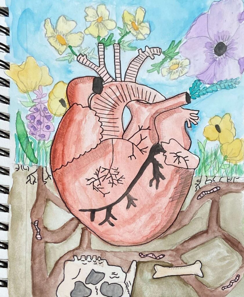 A drawing of a heart surrounded by flowers and blue sky on the top and dirt and debris on the bottom.