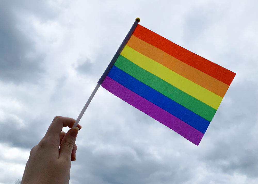 Rainbow pride flag held up to the sky
