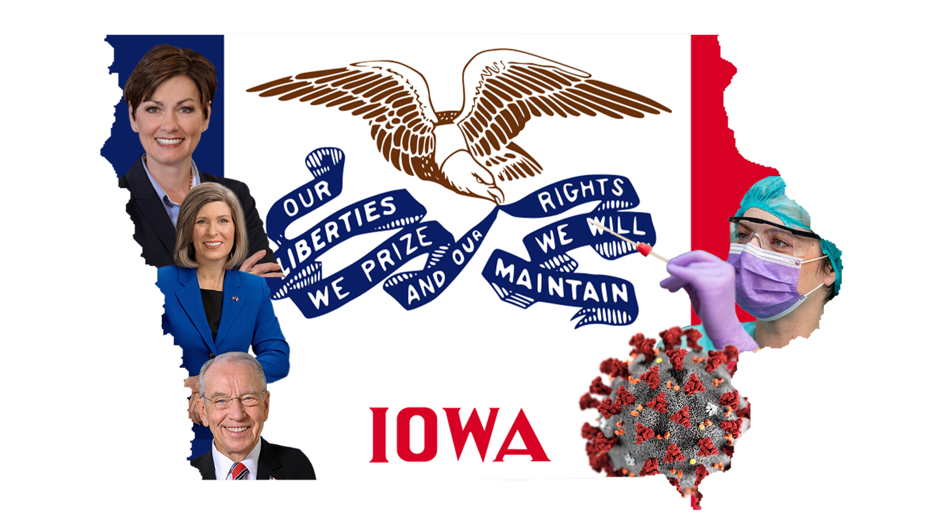 The Iowa state flag surrounded by images of the governor, senators, a COVID-19 cell, and a medical professional.
