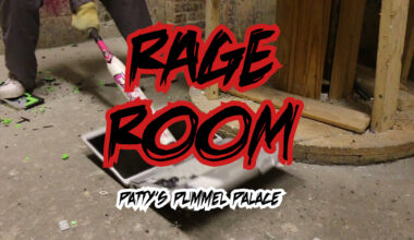 A person holding a bat smashes a laptop. Text reading “Rage Room: Patty’s Pummel Palace” overlays the image