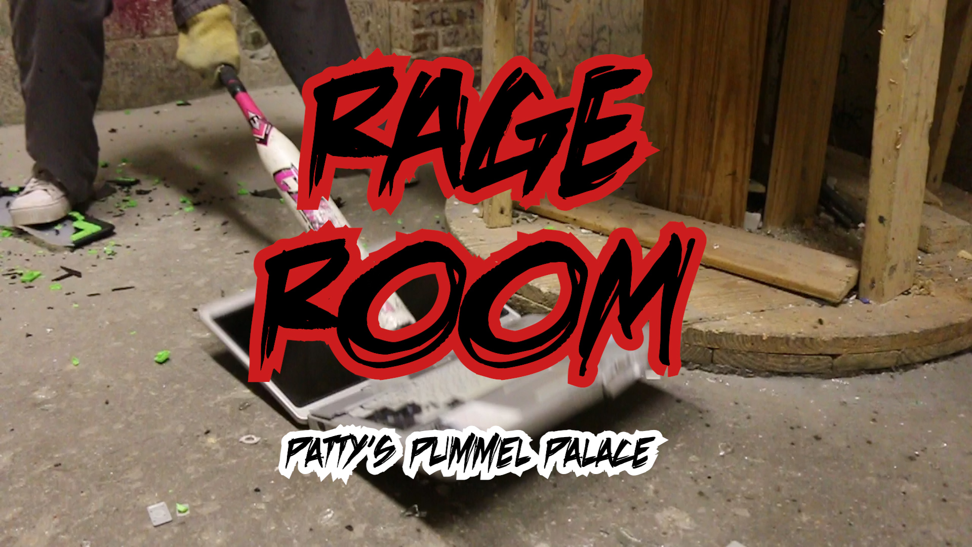 A person holding a bat smashes a laptop. Text reading “Rage Room: Patty’s Pummel Palace” overlays the image