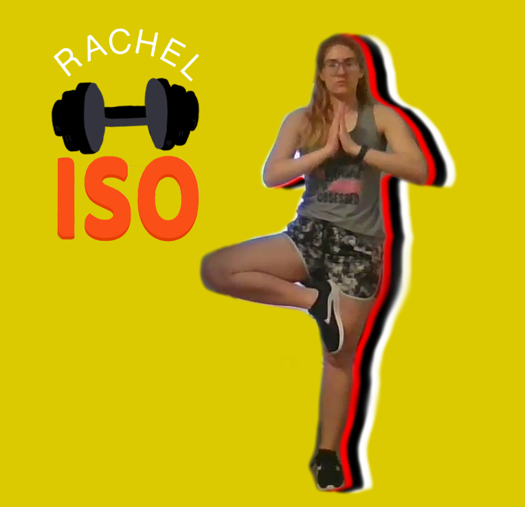 Reporter Rachel James in a balancing yoga position.