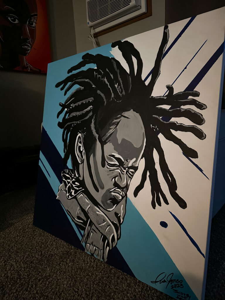 An original painting by Iven Jones, aka “Sleepy the Artist,” features a child with locs illuminated with neutral tones.
