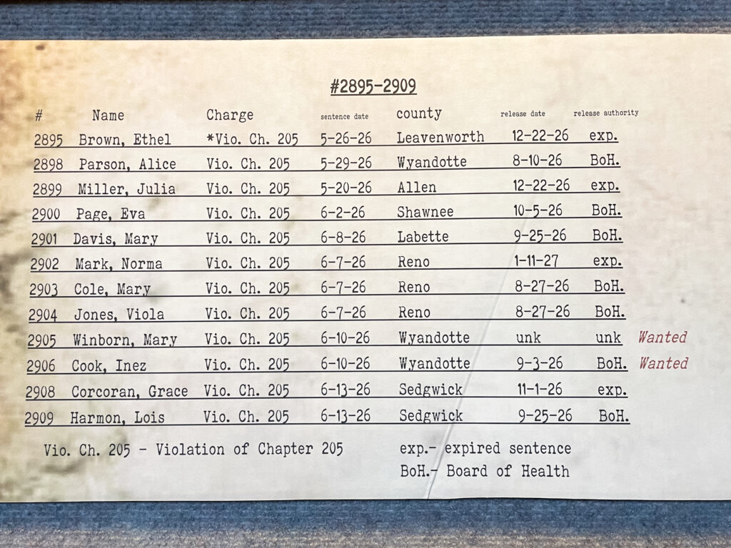 A part of the museum display is a recreation of the inmates discharged records. The piece is made to look like it is an old piece of paper typed up with a typewriter. From left to right, the columns read each woman's identification number, name, charge (all Violation of Chapter 205), sentence date, county, release date and release authority.