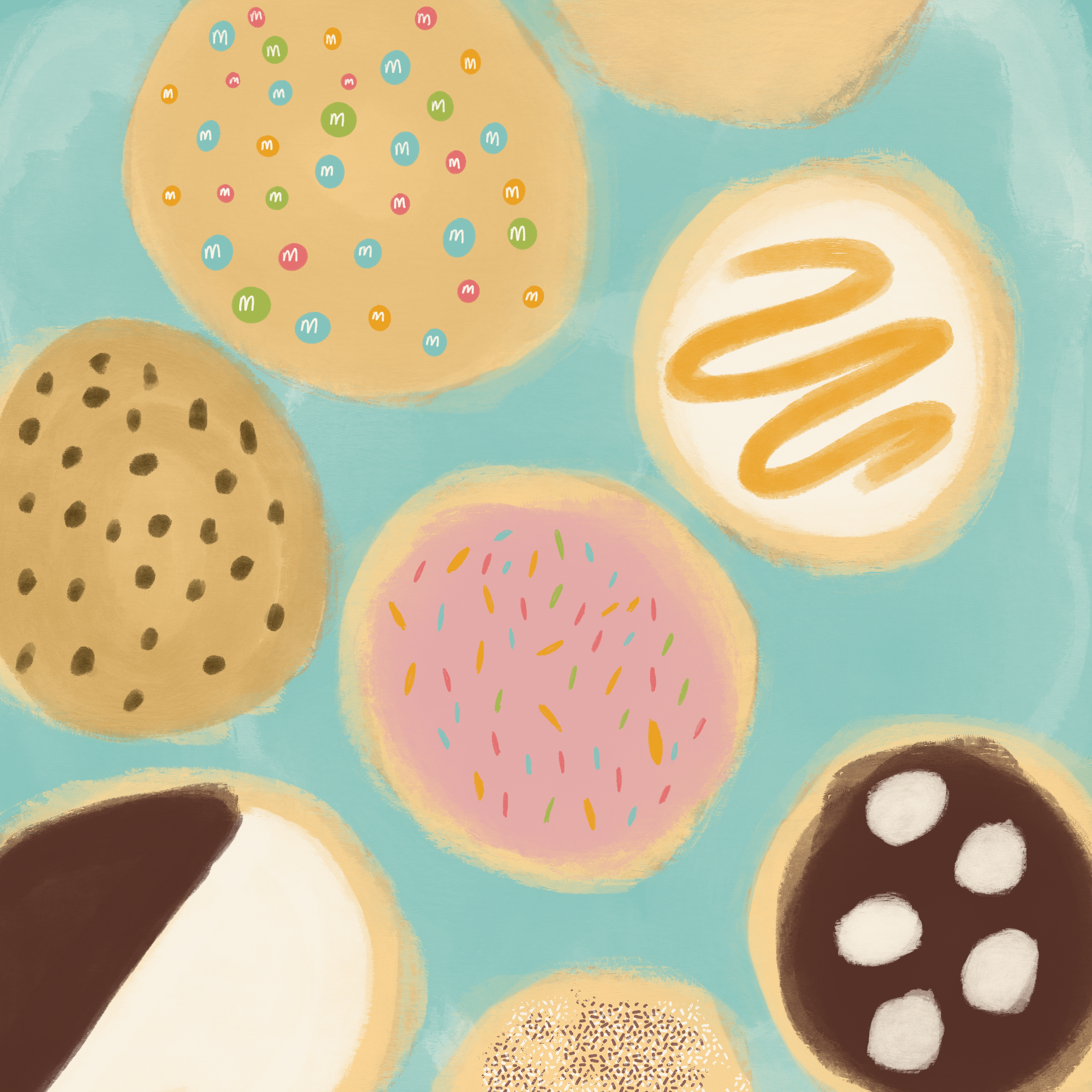 This graphic has a light blue background covered with a variety of different cookies. On the page, there is an M&M’s cookie with the classic bright-colored candies, a pink frosted cookie with colored sprinkles, a white frosted cookie with a caramel squiggle and a classic chocolate chip cookie.