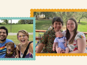 A graphic shows two family photos side-by-side. On the left, Chelsea Hottovy can be seen with her partner and dog at a park. On the right, Jacinda Nava Romero poses for a photo with her partner and newborn baby.