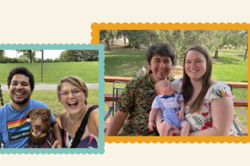 A graphic shows two family photos side-by-side. On the left, Chelsea Hottovy can be seen with her partner and dog at a park. On the right, Jacinda Nava Romero poses for a photo with her partner and newborn baby.