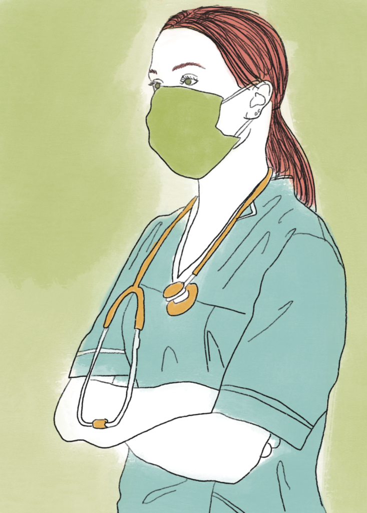 A nurse is pictured wearing teal scrubs with her hair in a low ponytail with her arms crossed, wearing a green mask and an orange stethoscope. 