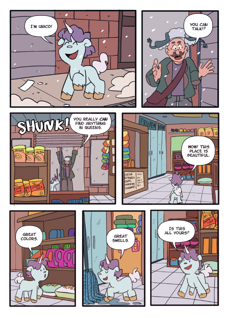 A page from the upcoming UNICO: Awakening mini comic by Steenz, depicting a talking unicorn in a store that has surprised a man by their ability to talk. The unicorn is looking at the products in the store, and is impressed by the great smells and colors. 
