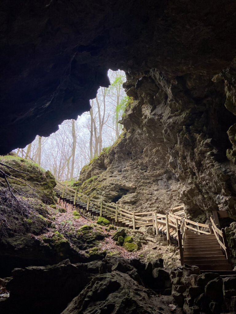 This image shows the view from the bottom of the cave to the sky above. The sky is a bit cloudy and hazy. There is a large staircase that leads spelunkers out of the cave, and the lighting shows the rocks and moss covering the area. 
