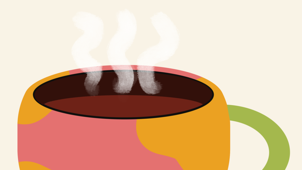 A close-up graphic of a pink, orange and green coffee mug with steam rising from the top.
