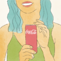 A graphic shows a person with blue hair from the mouth down. They are smiling and wearing a green shirt while holding a Coca-Cola can.