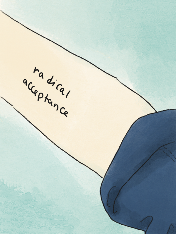 A graphic shows an arm with a tattoo that says “radical acceptance” against a light blue background. 